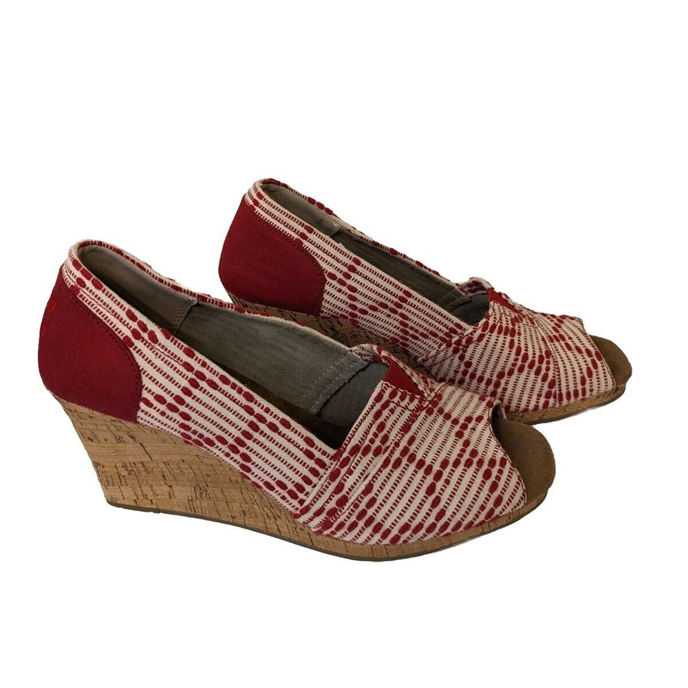 Tom's NEW Women's Shoes Wedge Heel Size 9 Red White Pattern Peep Toe
